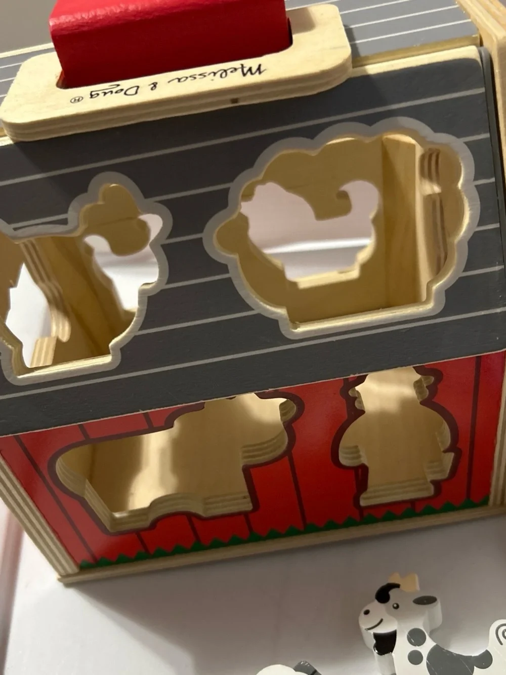 Wooden Farm Animal Shape Sorter Toy - Red and Natural